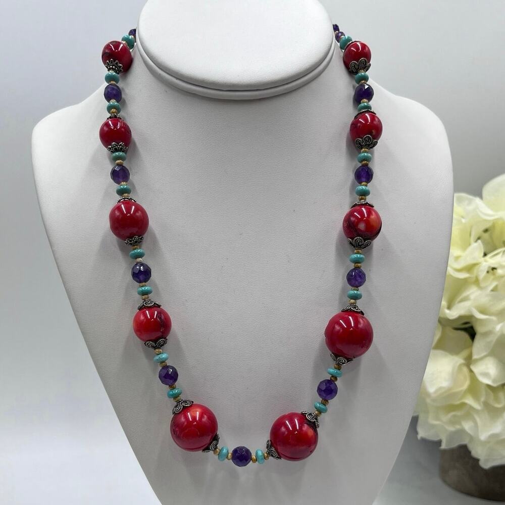 Artisan Made Coral Amethyst Turquoise Sterling Silver Beaded Necklace